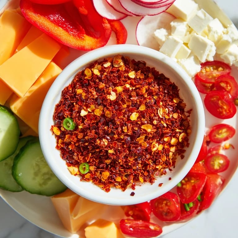 A close-up of The Spicy Hot Take Platter: inviting appetizers, chili flakes, and sliced chorizo.