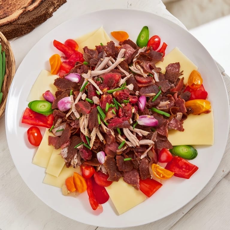 Vibrant Keto Power Plate presentation features sliced meats with cheeses and crisp, refreshing vegetables.