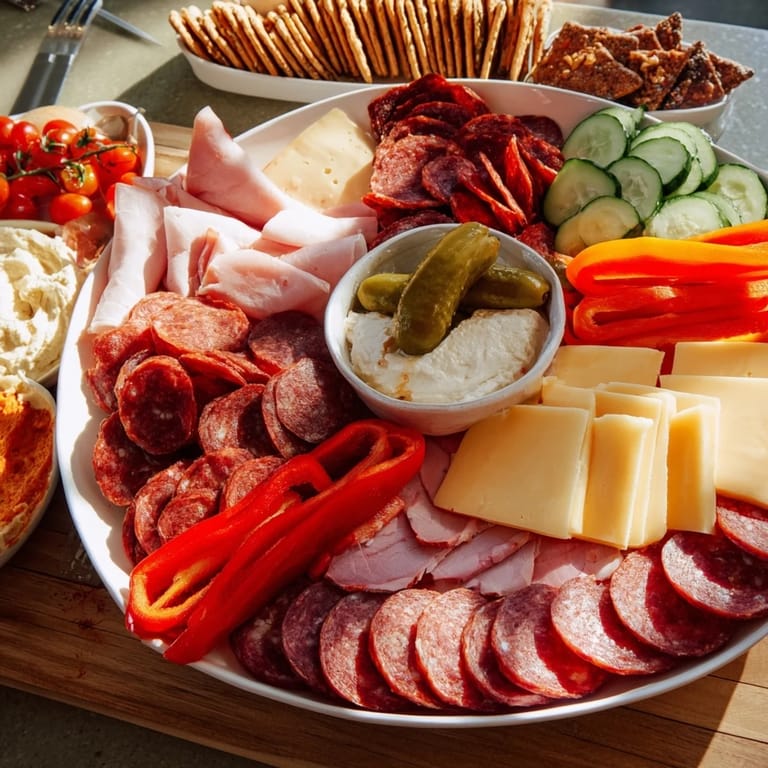Gather around this Budget-Friendly Family Spread, piled high with delicious meats, cheese, and olives.