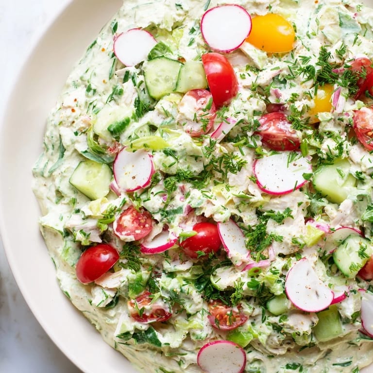 A warm bowl of Green Goddess Chicken Nacho Dip with vibrant green vegetables, ready to scoop with chips.