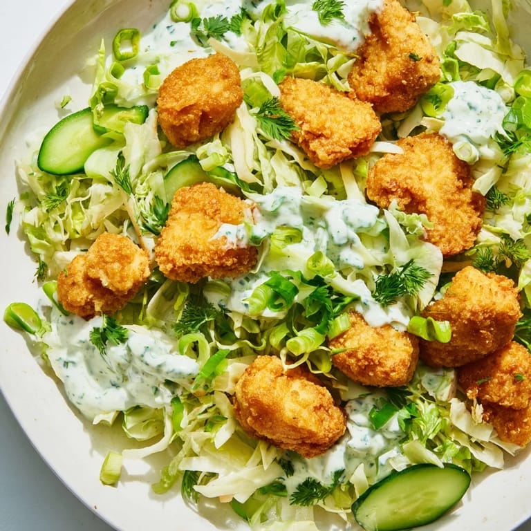 A close-up view of the creamy Green Goddess dressing drizzled on fresh, colorful Green Goddess Nugget Salad.