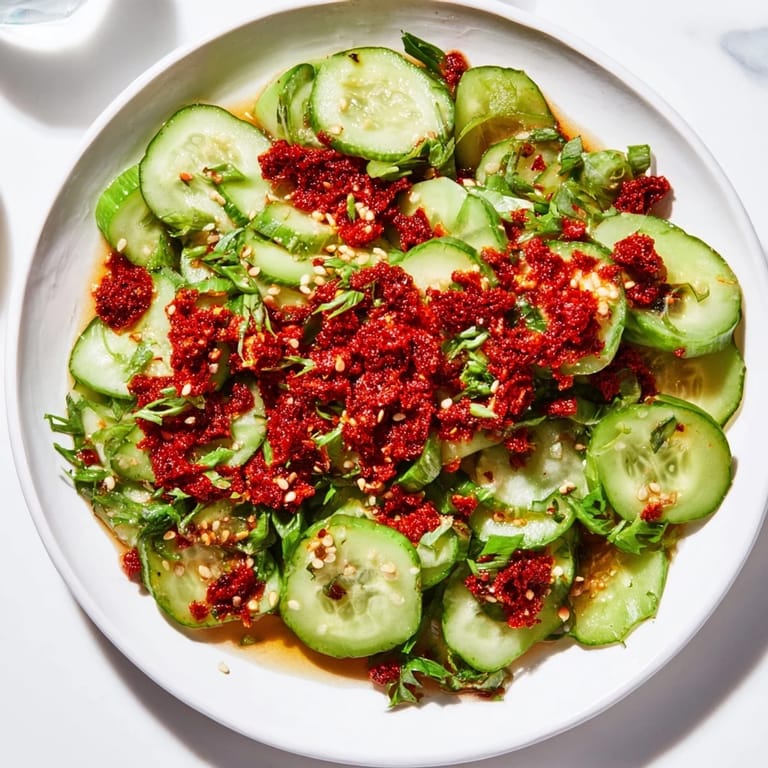 A close-up of the refreshing Cucumber Shaker Salad, ready to serve, promises a spicy, crunchy explosion.