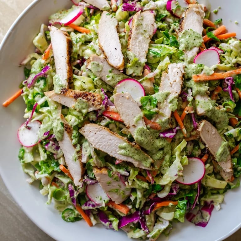 Savor the flavors: cool, creamy Green Goddess Cabbage Slaw with Grilled Chicken for a light lunch.