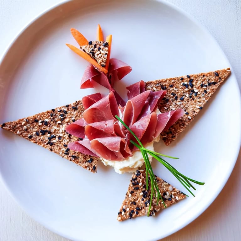 Visually appealing Paper Crane appetizer with thinly sliced meats, crackers, and chives, perfect for entertaining.