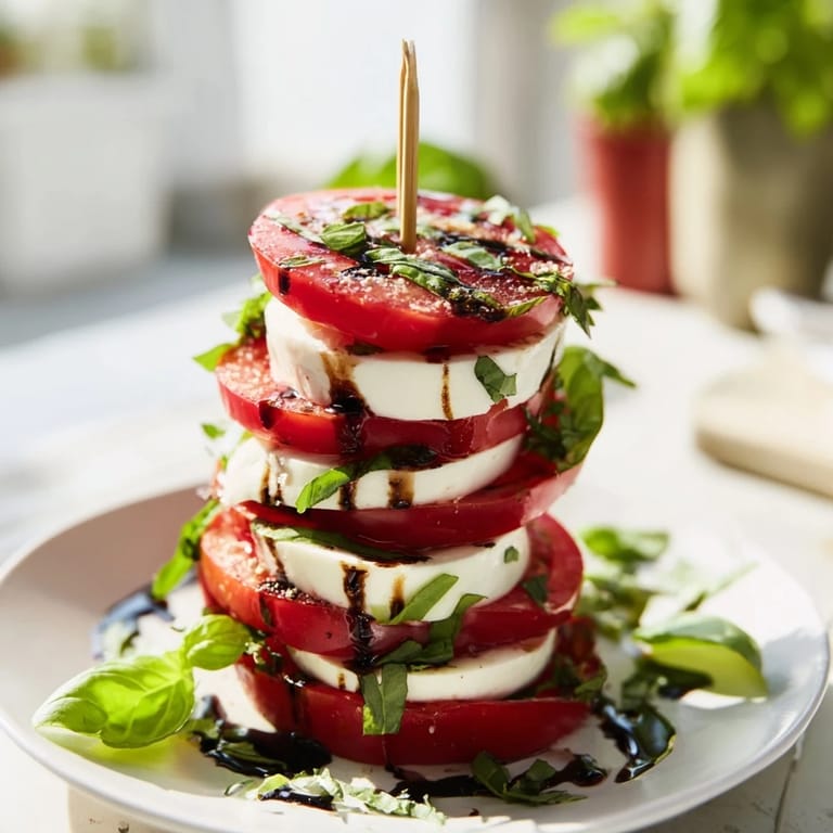 Vertical Tuscan Pillar stacks, glistening with olive oil, make a colorful appetizer, perfect on a platter.