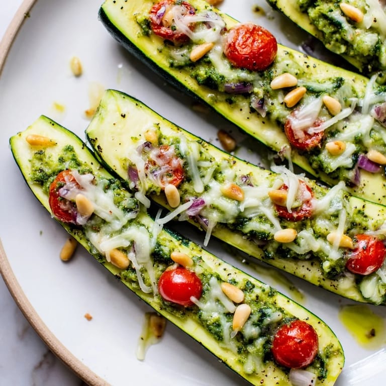 A close-up shot of baked Cheesy Pesto Zucchini Boats shows the delicious creamy filling and melted mozzarella.