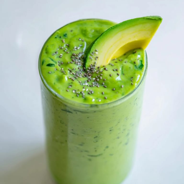 This healthy Spinach Avocado Smoothie features chunks of mango and a smooth, vibrant, green hue.