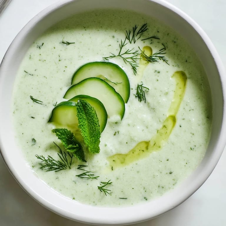 A vibrant bowl of Chilled Cucumber Garlic Soup, a refreshing cold summer meal starter.