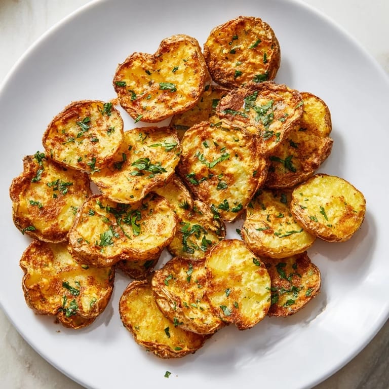 Freshly baked Garlic Parmesan Potatoes, a delicious side dish with golden, crispy edges and parsley garnish.