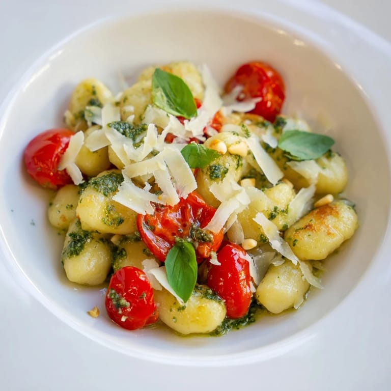 Savory plate of crispy gnocchi with pesto, a delicious vegetarian Italian-inspired recipe, garnished with basil.