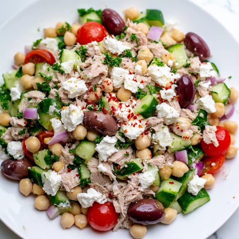 Close-up of a colorful tuna chickpea salad, filled with tomatoes and olives, ready for lunch.