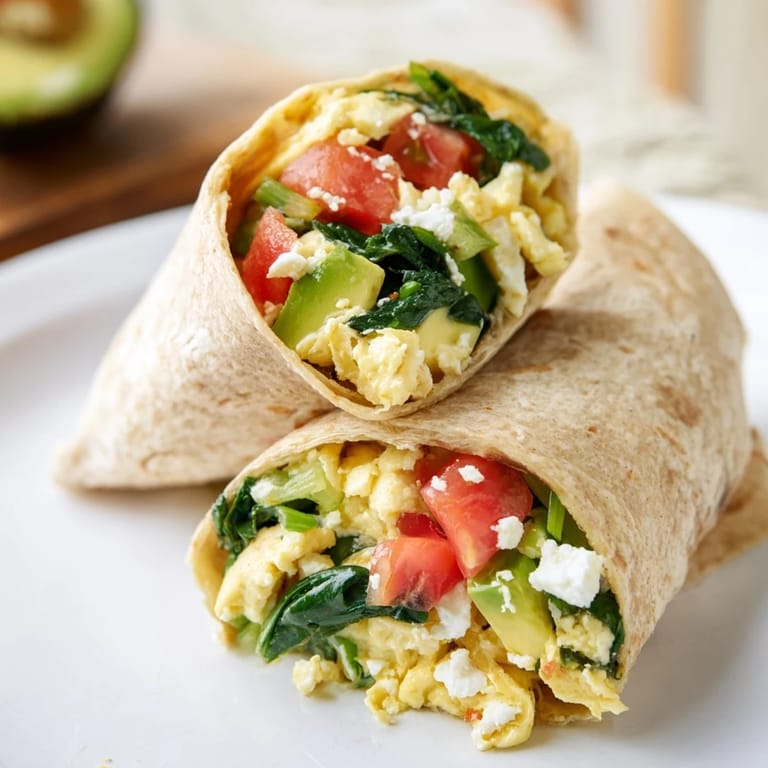 Freshly-made feta egg wrap, with vibrant spinach and tomatoes, perfect for a quick and easy, protein-rich meal.
