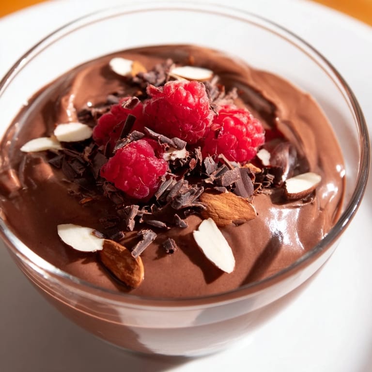 Smooth and decadent chocolate avocado mousse garnished with fresh berries and dark chocolate shavings.