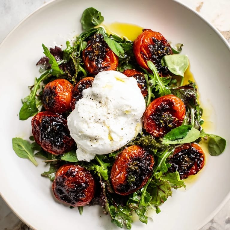 Delicious Charred Tomato Salad with Burrata, featuring tender greens and a vibrant, colorful presentation.