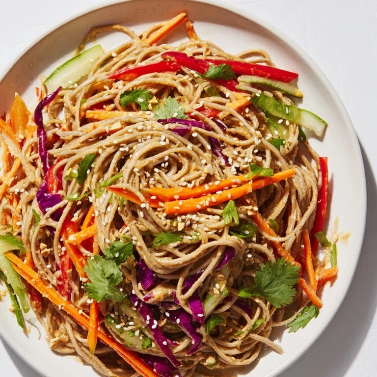 Cold soba noodle salad featuring buckwheat noodles and crisp, crunchy vegetables, perfect for a light meal.