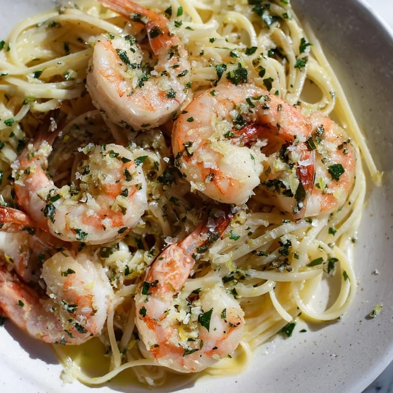 Close-up of bright Lemon Herb Pasta with Shrimp, featuring shrimp and vibrant herb garnish.