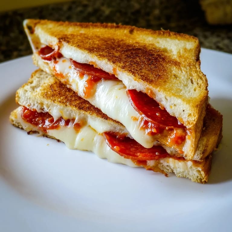 Enjoy a warm slice of this easy Pizza Grilled Cheese recipe with dipping marinara on the side.