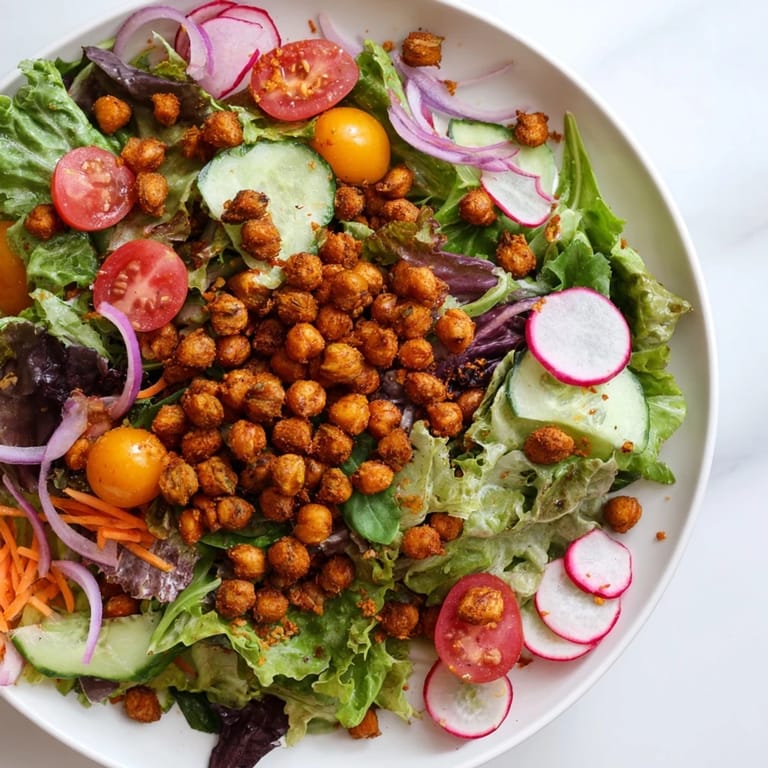 Golden-brown Crispy Chickpea Croutons over a vibrant Mixed Greens Salad, ready to serve beautifully.