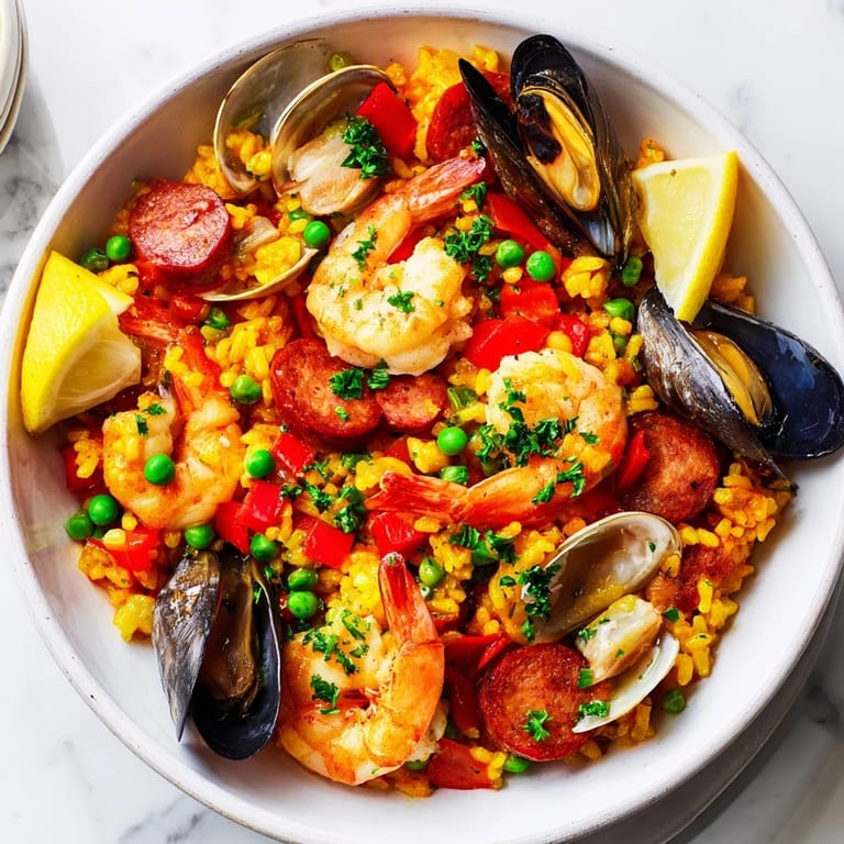 A close-up of golden paella Spanish rice studded with plump shrimp and bright red peppers.