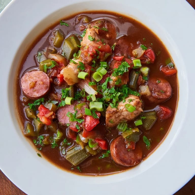 Close-up of a bubbling pot of flavorful gumbo okra soup, showcasing tender chicken and vegetables.