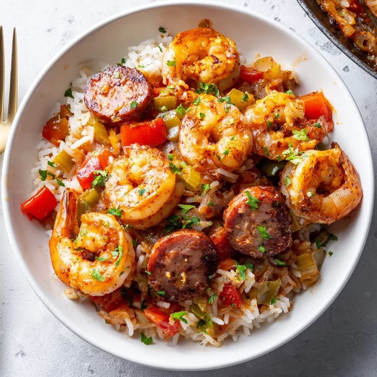 This hearty and delicious Jambalaya Skillet boasts rice cooked in a zesty Creole sauce.