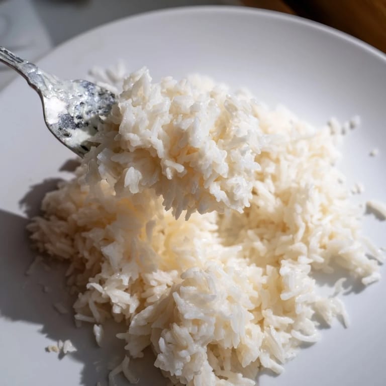 The steamy, subtly sweet Coconut Jasmine Rice, cooked to perfection, showcasing individual fluffy grains.
