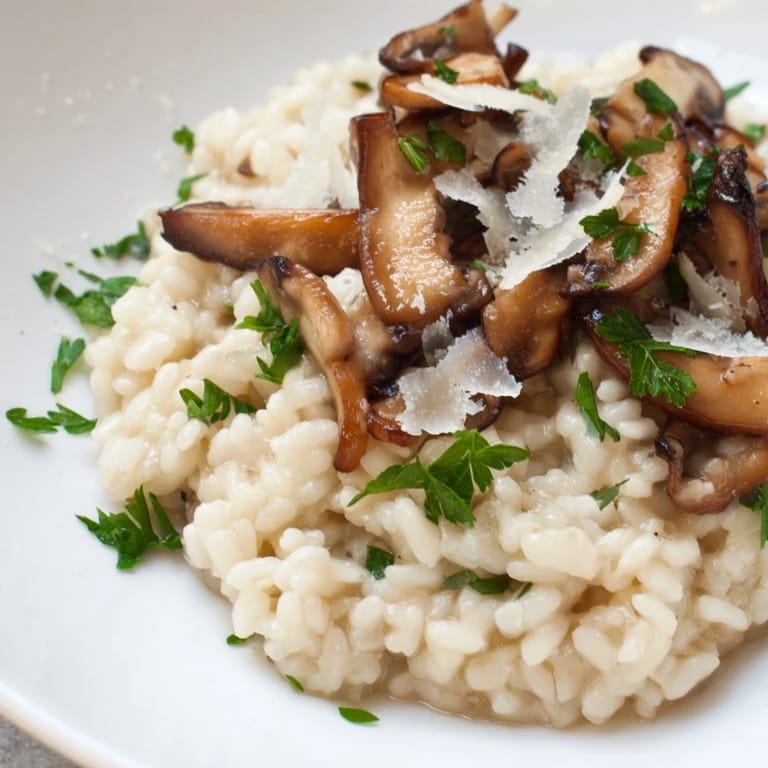 A photo of golden-hued, bubbling risotto with mushrooms, offering a rich, comforting main course.