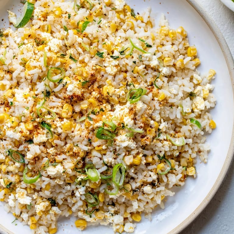 A colorful bowl of Mexican Street Corn Rice, featuring cilantro and lime, a perfect side for your meal.
