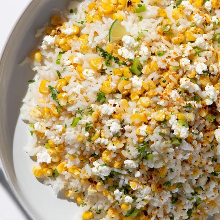 Close-up of freshly made Mexican Street Corn Rice, showcasing the vibrant flavors of a Mexican feast.