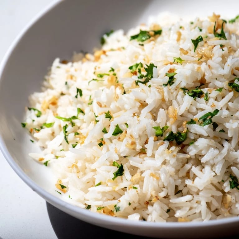 Close-up shot shows golden Garlic Butter Rice, a comforting dish with parsley, perfect for dinner tonight.