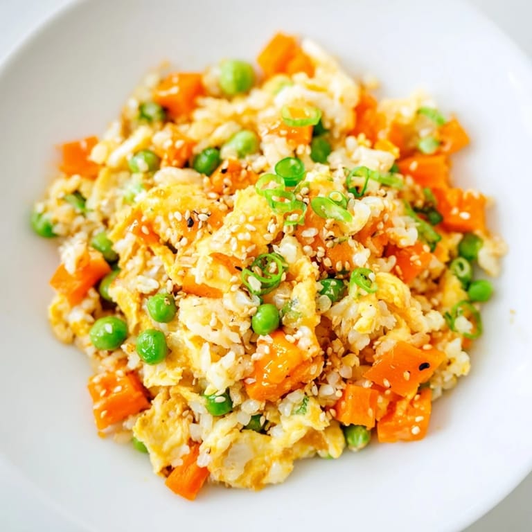 Savory egg fried rice stir-fry with a drizzle of sesame oil, perfect for a quick, flavorful dinner.