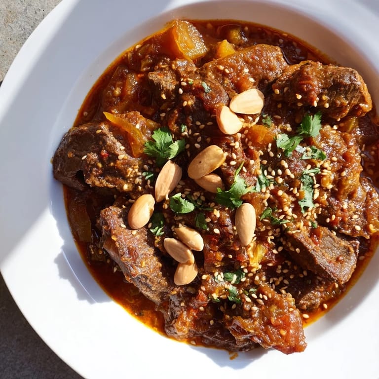 Tender lamb with prunes and almonds simmers in a flavorful Moroccan Tagine, ready to serve.