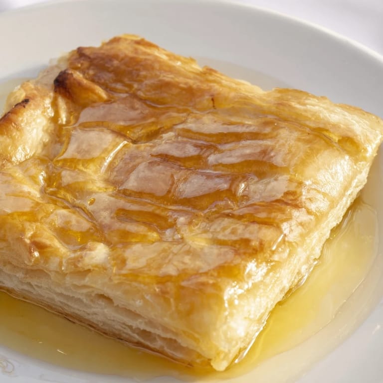 Crispy layers of homemade Moroccan Msemen, a warm breakfast, served with a sweet honey drizzle.