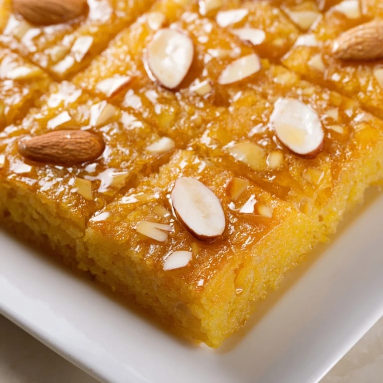 A close-up of moist, sweet Basbousa, the Egyptian coconut dessert, inviting a delicious bite.