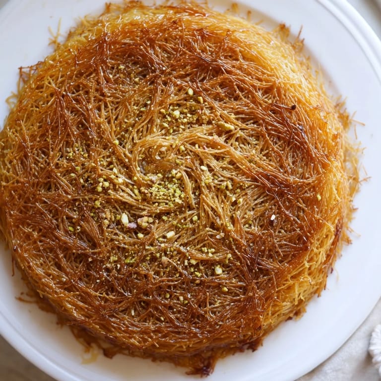 Warm, sweet Egyptian Konafa offering a symphony of textures, perfect with crunchy nuts drizzled in syrup.