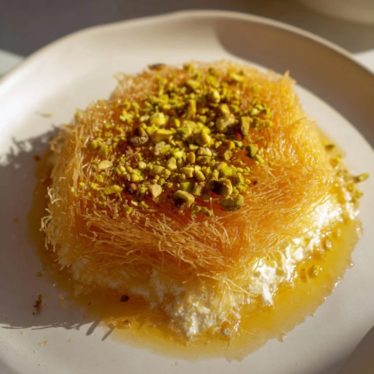 Warm and crispy Lebanese Knafeh dessert, showcasing shredded phyllo and chopped pistachios on top.