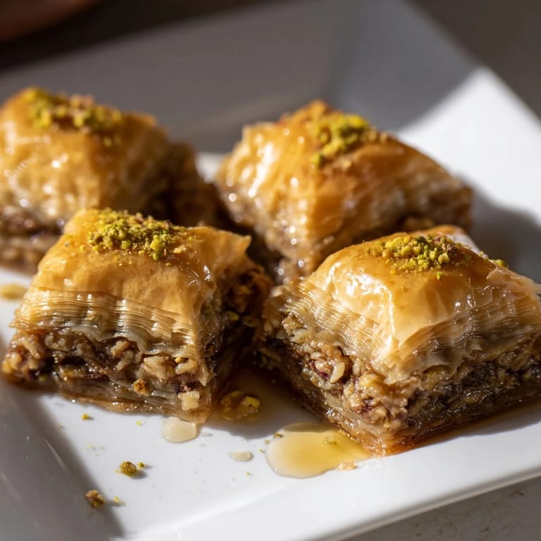 Close-up of Turkish Baklava, showing flaky layers, finely chopped nuts, and sugared glistening honey.