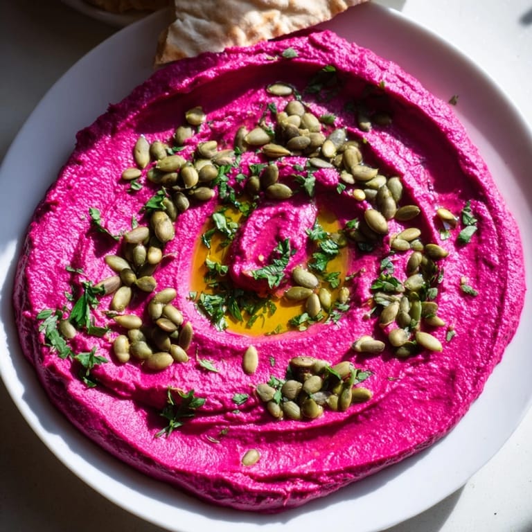 Vibrant pink Beet Hummus spread on toasted pita bread, garnished with herbs and seeds for an earthy, sweet appetizer.
