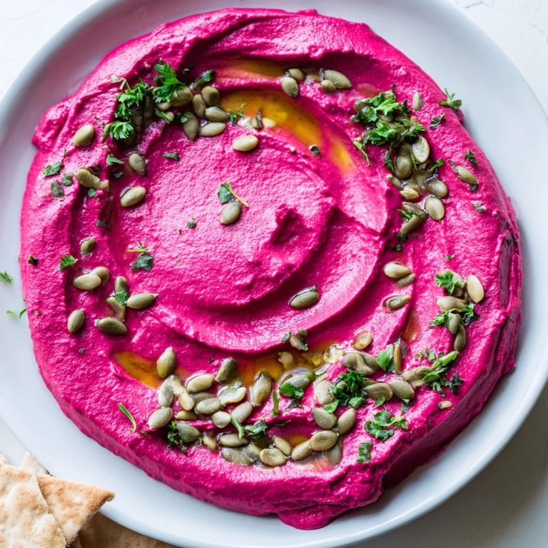 Brightly colored Beet Hummus dip surrounded by crisp raw vegetables, perfect for a healthy, gluten-free vegan party snack.