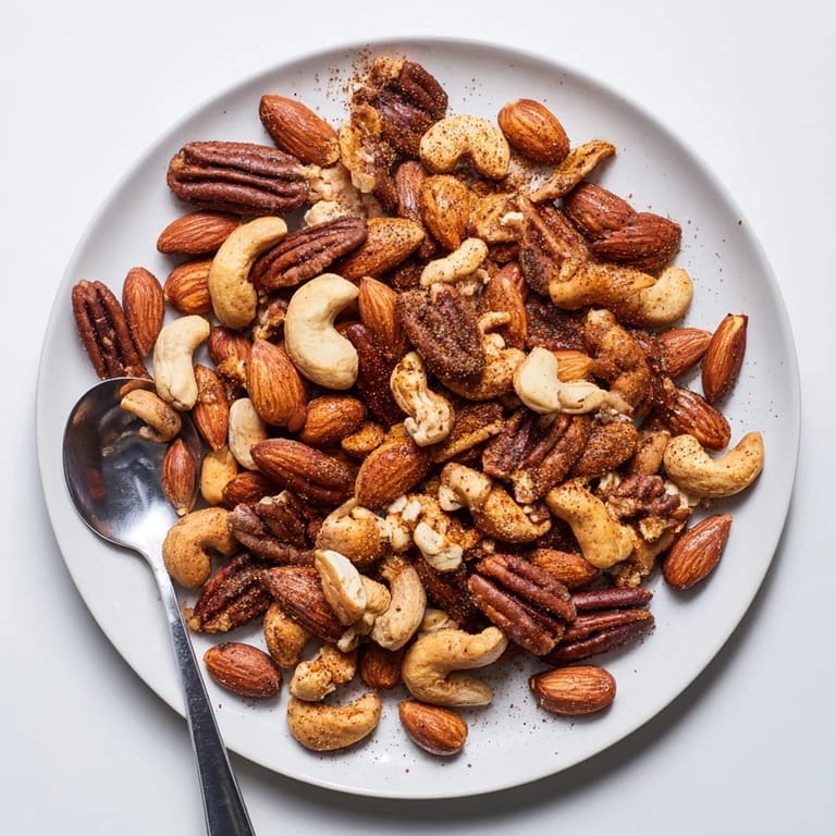 A bowl of sweet-and-savory Spiced Nuts Mix sprinkled with salt and spices for a snack.