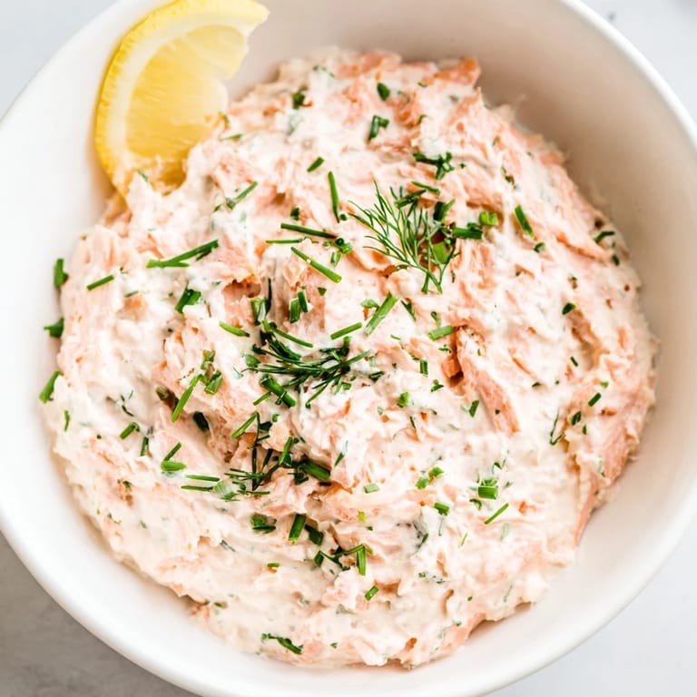 Freshly prepared smoked salmon dip with vibrant chives and a sprinkle of lemon zest, ideal for party platters.