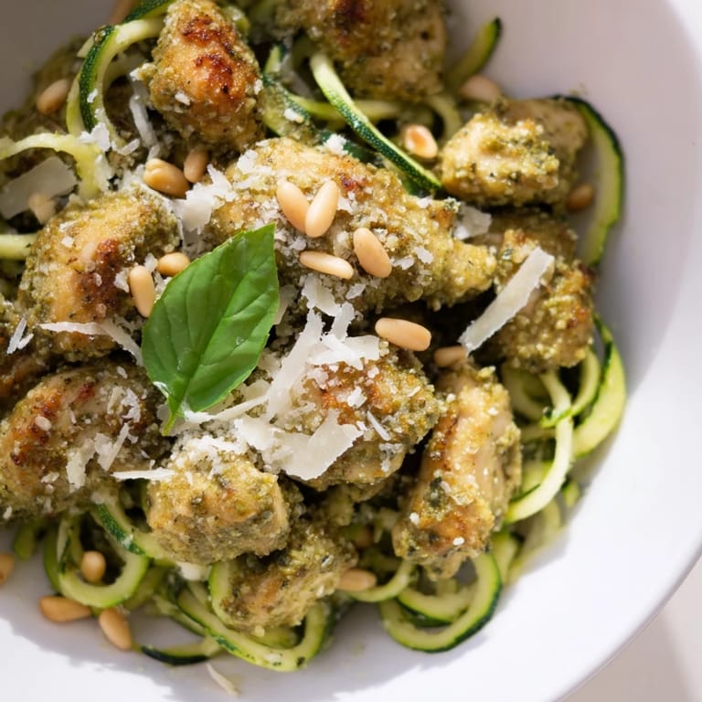 A vibrant Mediterranean-inspired Pesto Zucchini Chicken Bowl with juicy chicken, fresh zucchini noodles, and a drizzle of lemony basil pesto.