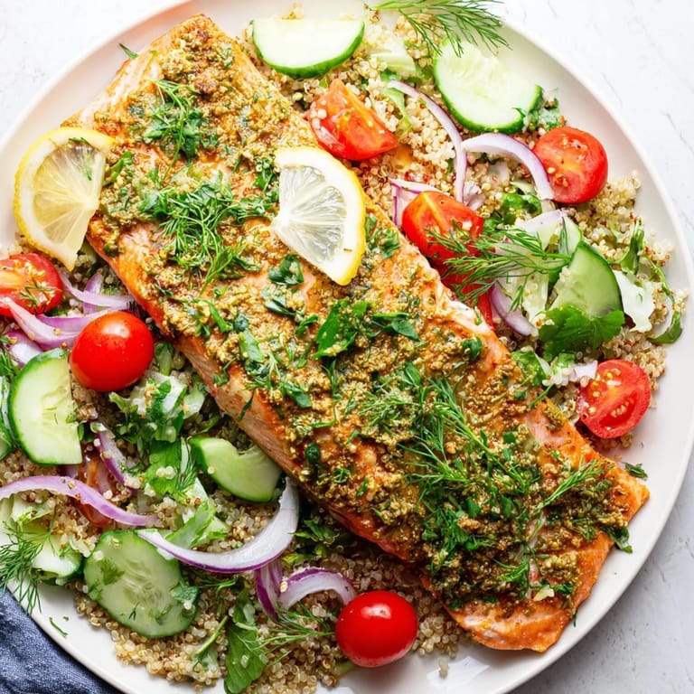 A vibrant plate of Lemon Herb Salmon Salad featuring tender salmon, fresh herbs, cucumber slices, and a bright citrus dressing ready to serve.  