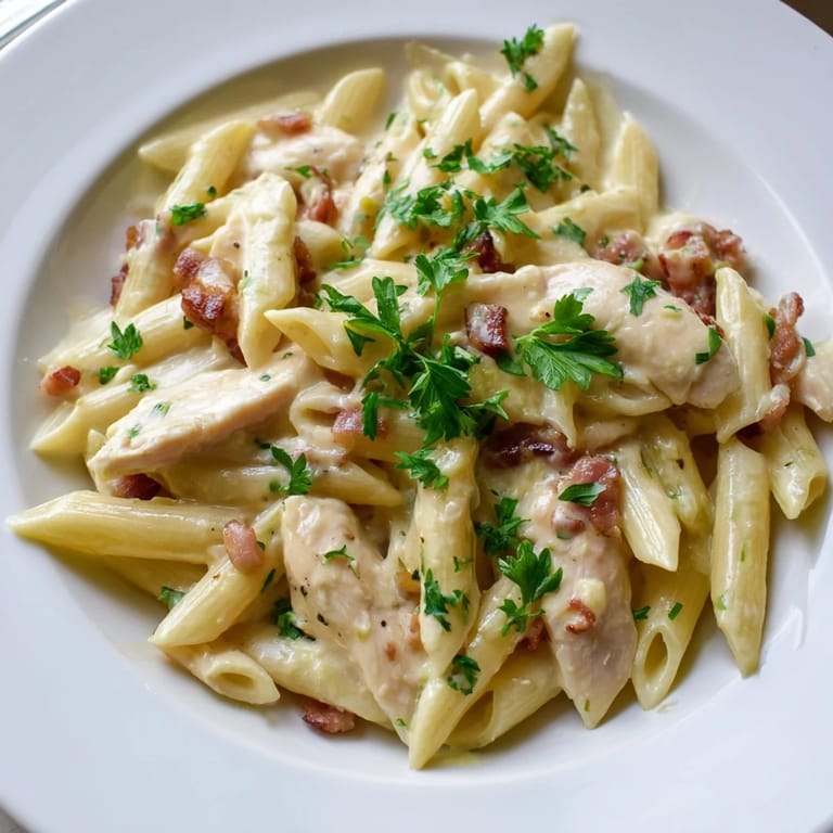 Creamy Chicken Bacon Penne served in a white bowl with steam rising and a side salad for a complete meal.