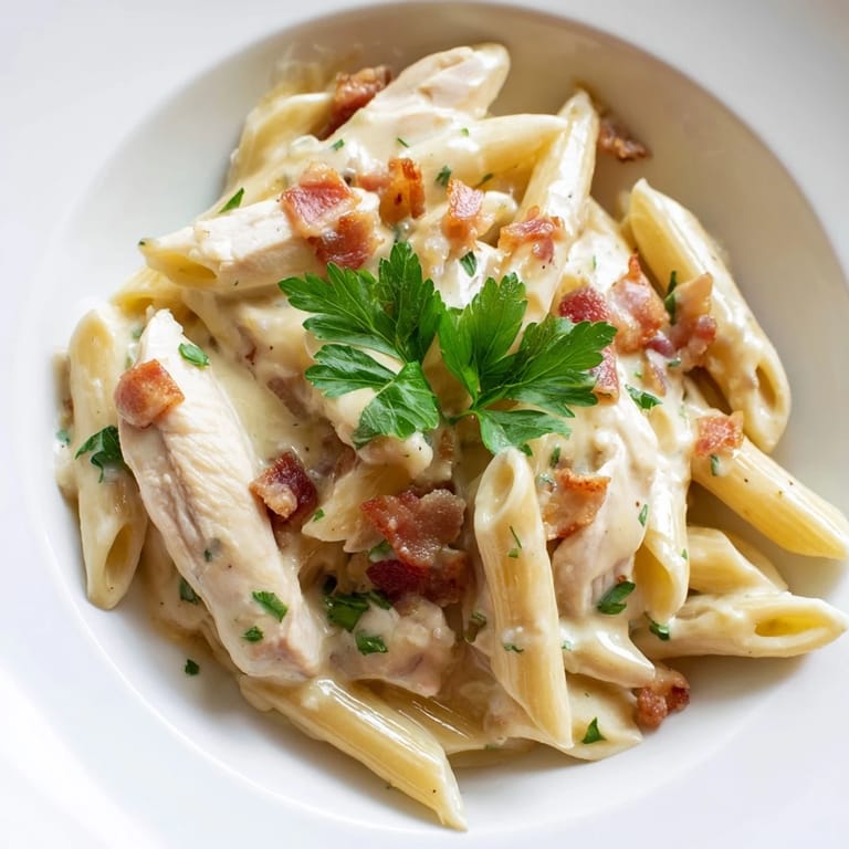 Creamy Chicken Bacon Penne plated on a rustic wooden table, featuring crispy bacon bits and tender chicken pieces.