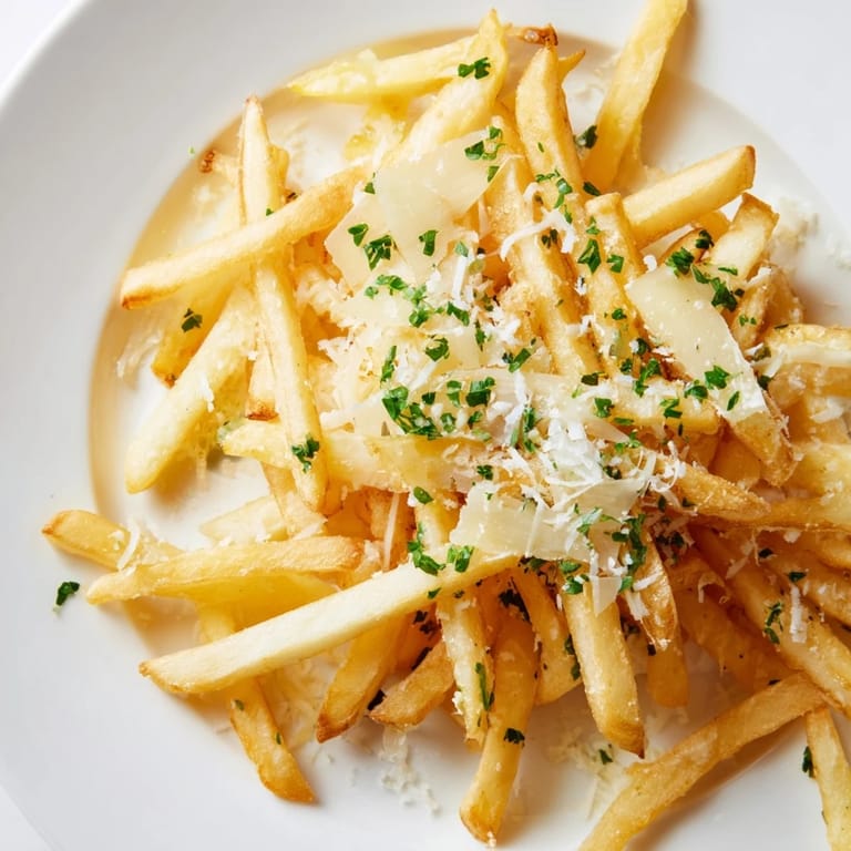 Freshly baked Truffle Parmesan Fries served warm, with melted cheese and aromatic truffle aroma on a plate.