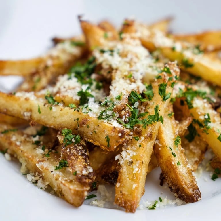 Crispy homemade oven fries tossed with truffle oil and grated Parmesan, perfect for dipping in garlic aioli.