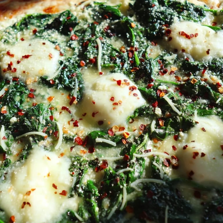 Homemade spinach ricotta pizza on a baking sheet, topped with creamy ricotta and sautéed spinach, ready to serve.
