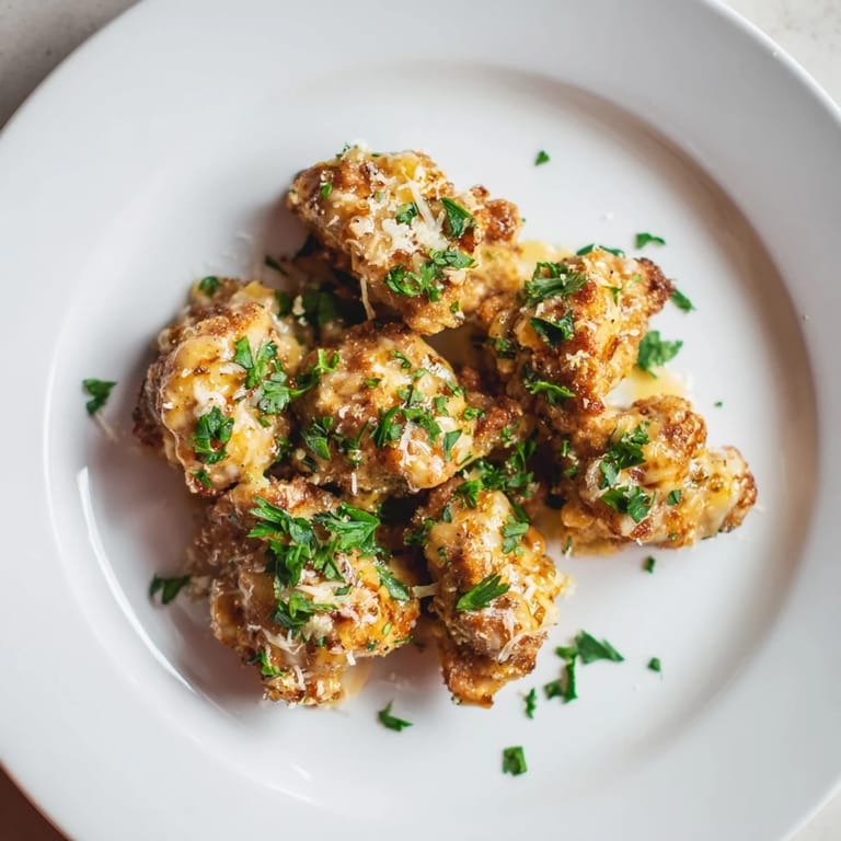 Tender, bite-sized chicken pieces coated in a rich Parmesan cream sauce, served hot in a skillet.