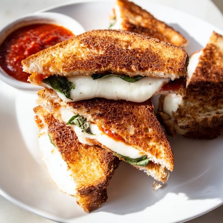 Crispy Caprese Grilled Cheese Dippers served with marinara on the side, featuring melty mozzarella and ripe tomato for dipping.